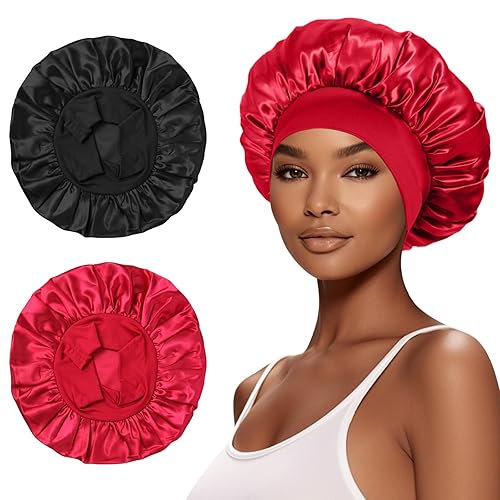 Selalu 2Pcs Satin Bonnet Set - Silk Hair Wrap for Curly Hair, Elastic Band, Black & Red