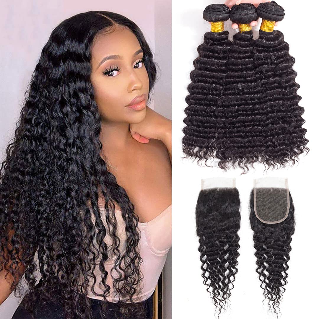 FASHION VILA Brazilian Deep Wave 3 Bundles with Closure 100% Human Hair Natural Black