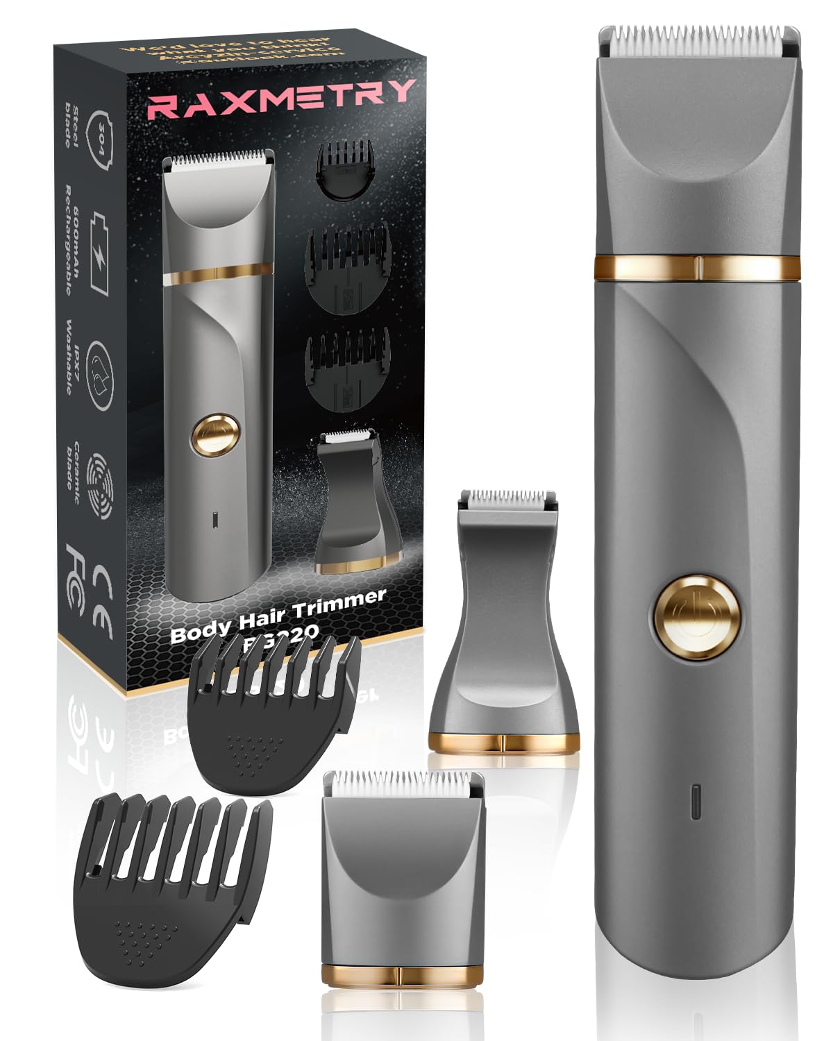 Raxmetry Waterproof Bikini Trimmer For Men & Women - Rechargeable Body Hair Groomer, 7 Piece Set