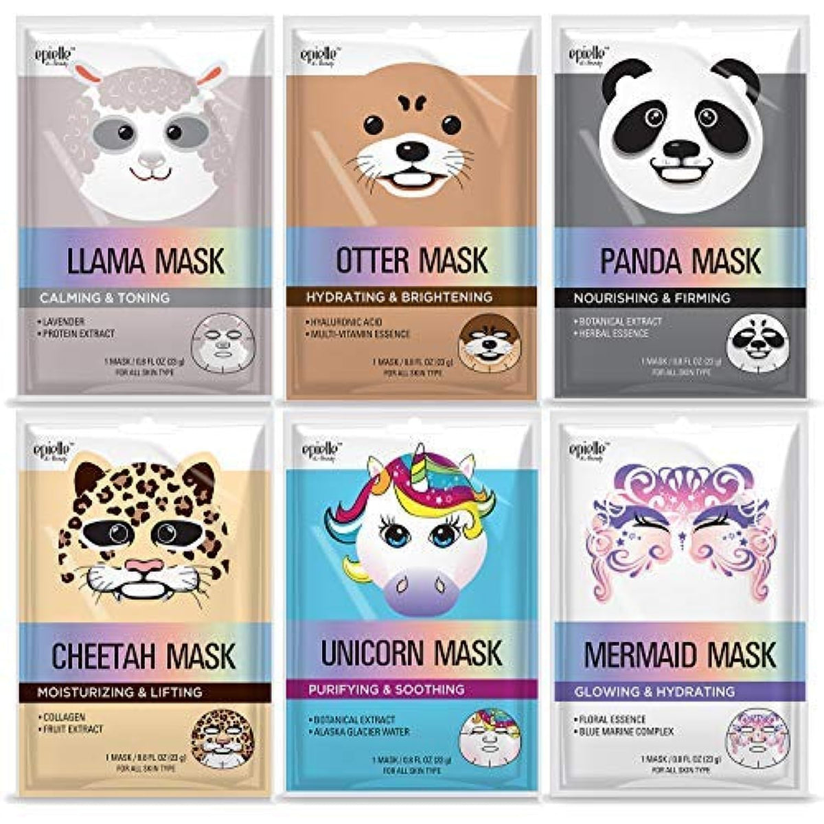 Epielle Korean Animal Spa Character Sheet Masks | Assorted 6 Pack | Skincare Gift For All Ages