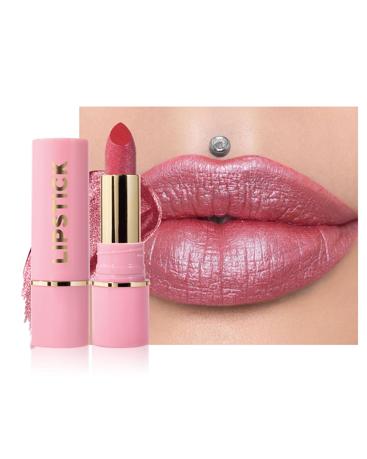 Lysdefeu Diamond Glitter Matte Lipstick - Rose Pink Metallic Shimmer, Waterproof Lip Color 0.13Oz