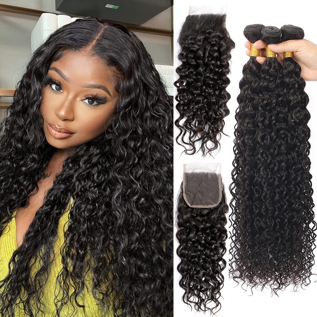 Vallbest Water Wave Bundles With Closure, 18-24&quot; Brazilian Human Hair Weave, Natural Black