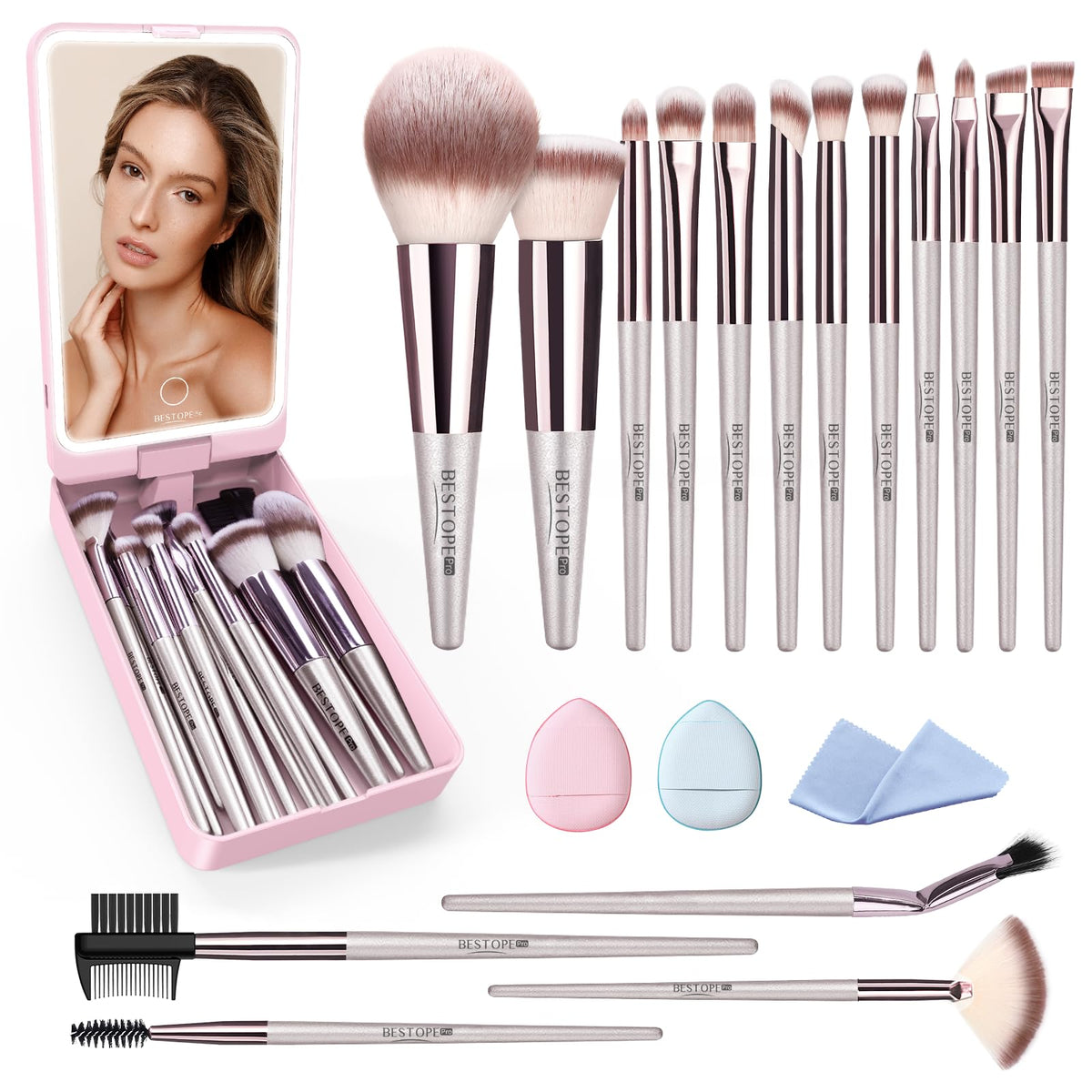 Bestope Pro 20Pc Makeup Brush Set With Case, Led Mirror & 2 Powder Puffs - Champagne