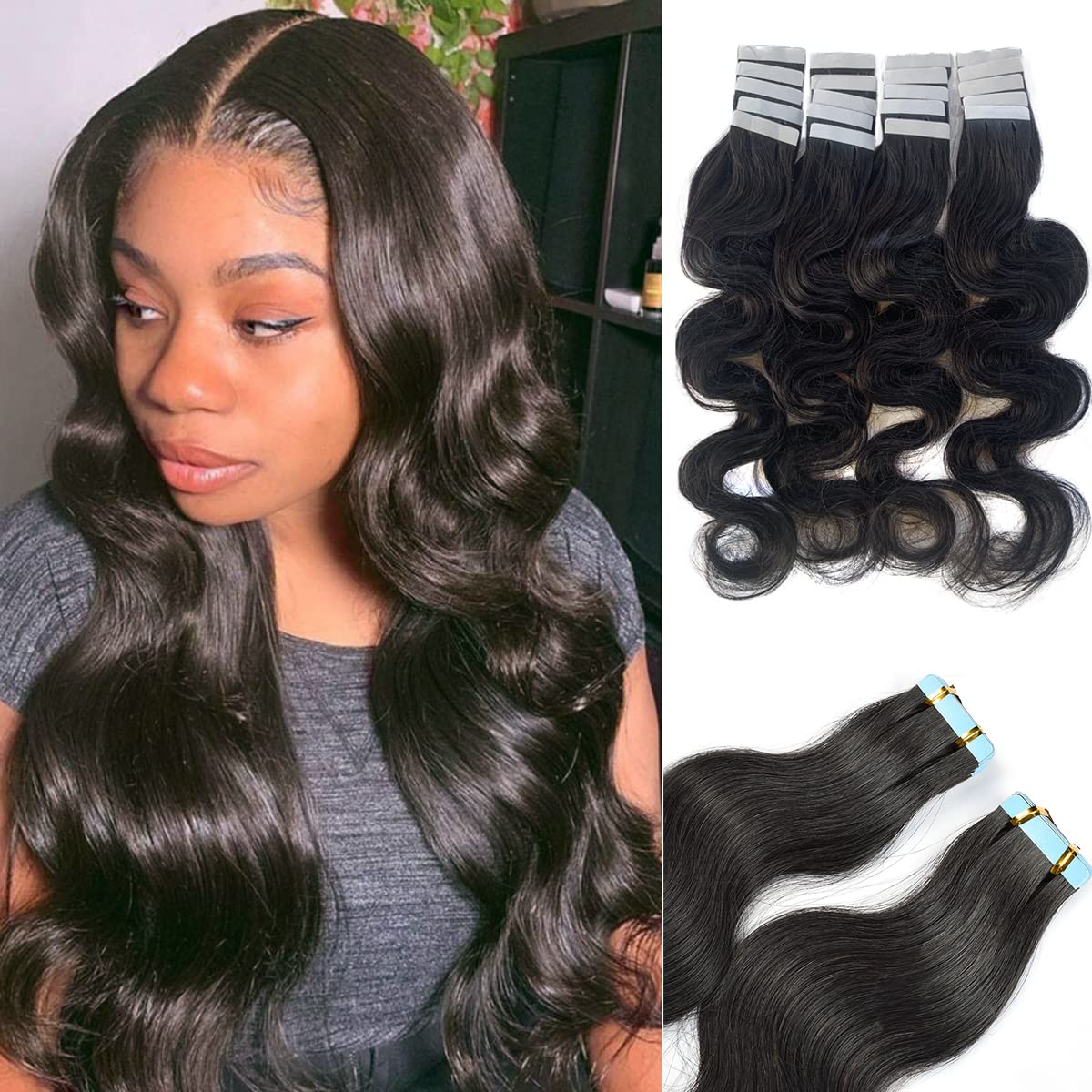 Smavida 14&quot; Body Wave Tape In Human Hair Extensions - 20Pcs Remy Wavy Tape For Black Women