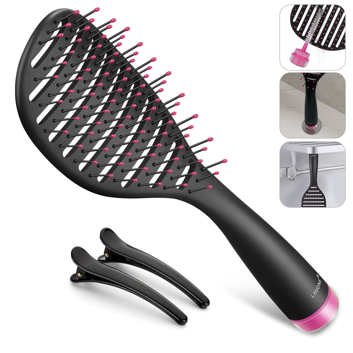 Lavone Curved Vented Hair Brush For Faster Blow Drying & Detangling, Pink With Cleaner & Clips