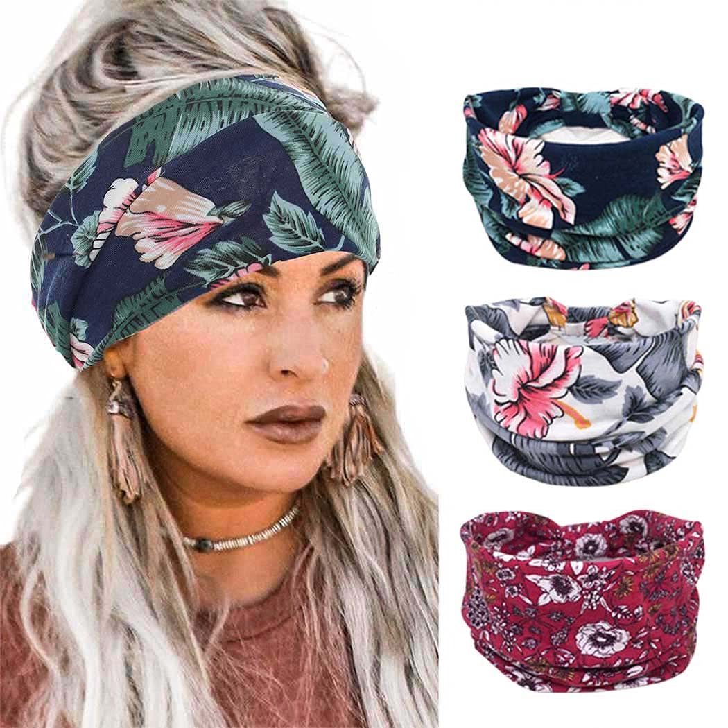 Aceorna Boho Wide Knot Hair Bands - 3 Pcs Floral Cotton Turban Head Wraps For Women & Girls