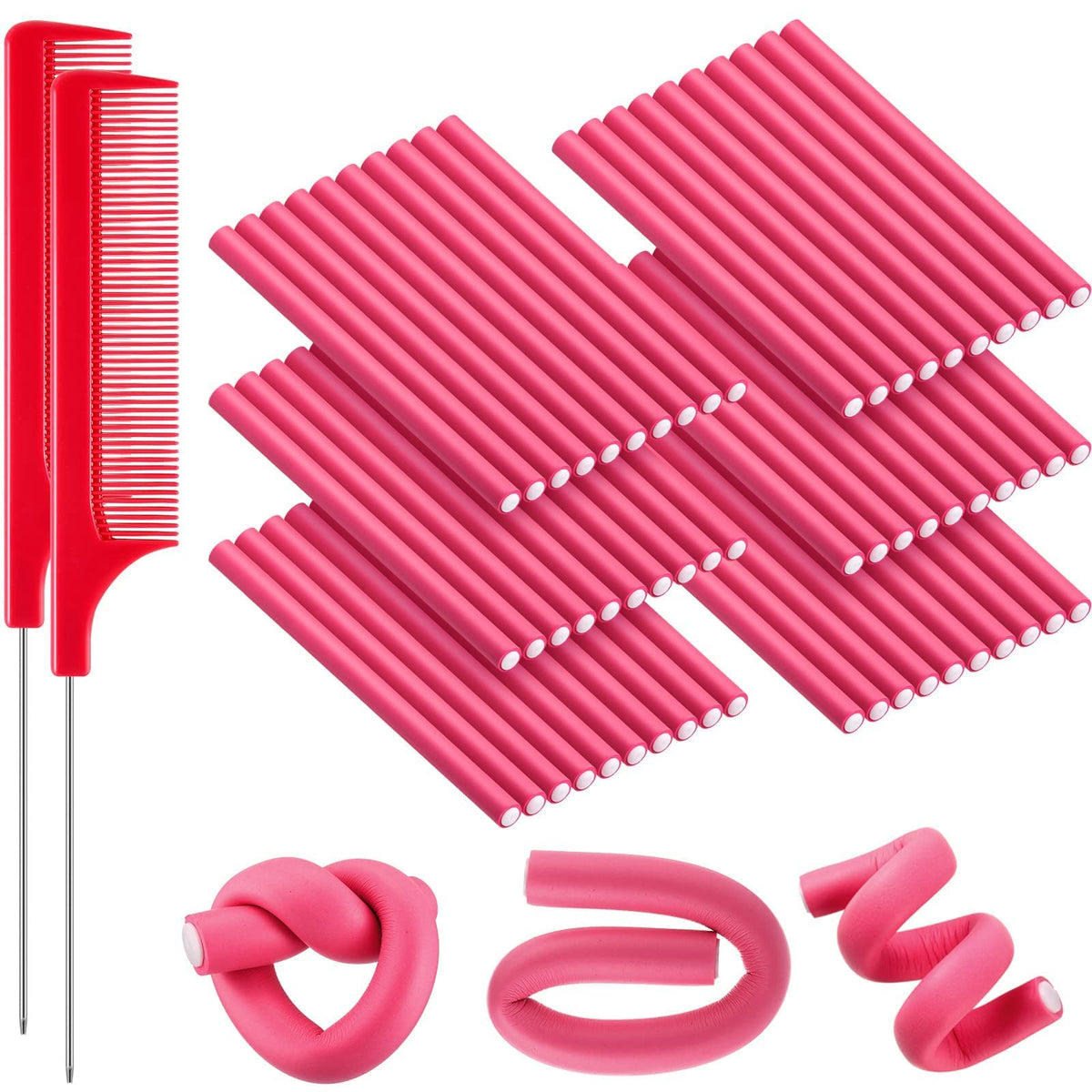 WILLBOND 60 Flexible Foam Curling Rods, No Heat Hair Rollers for Long & Short Hair, Red