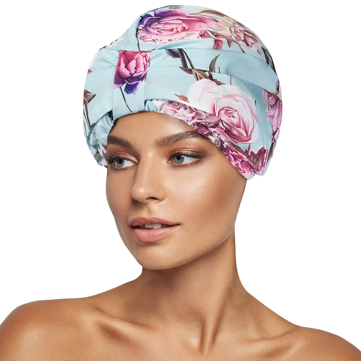 Innelo Luxury Waterproof Shower Cap For Women, Adjustable Satin Lined, Large Green-Flower