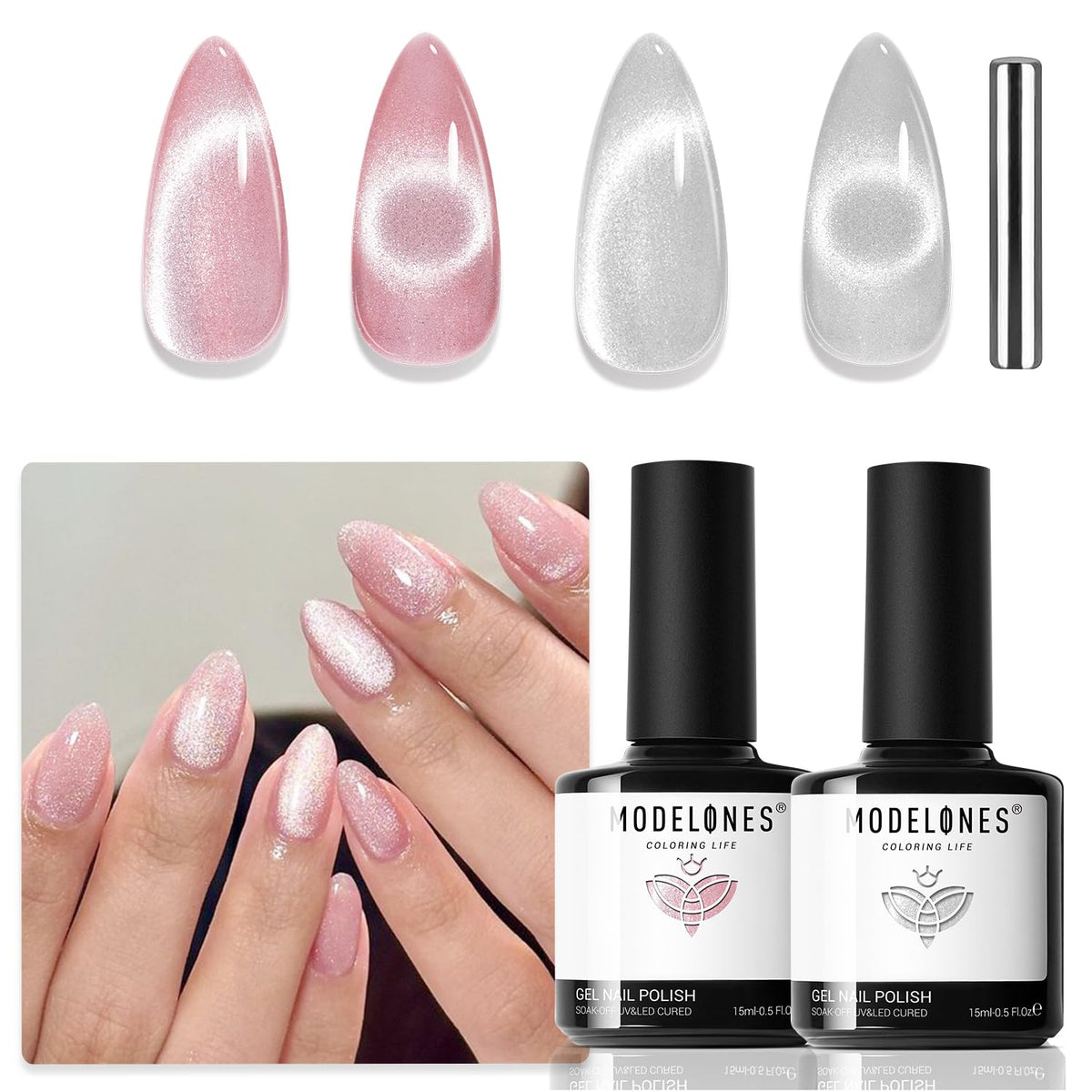 Modelones Cat Eye Gel Nail Polish, 2 Pcs 15Ml Pink Silver Holographic Glitter Multichrome