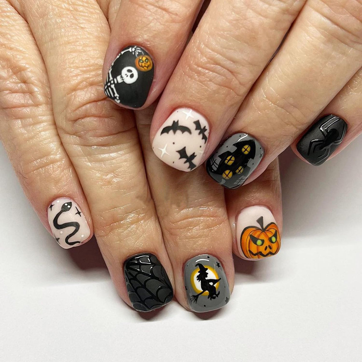 Fbabfbuo Halloween Press On Nails - Short Square Acrylic Nails With Spider & Pumpkin Designs, 24Pcs