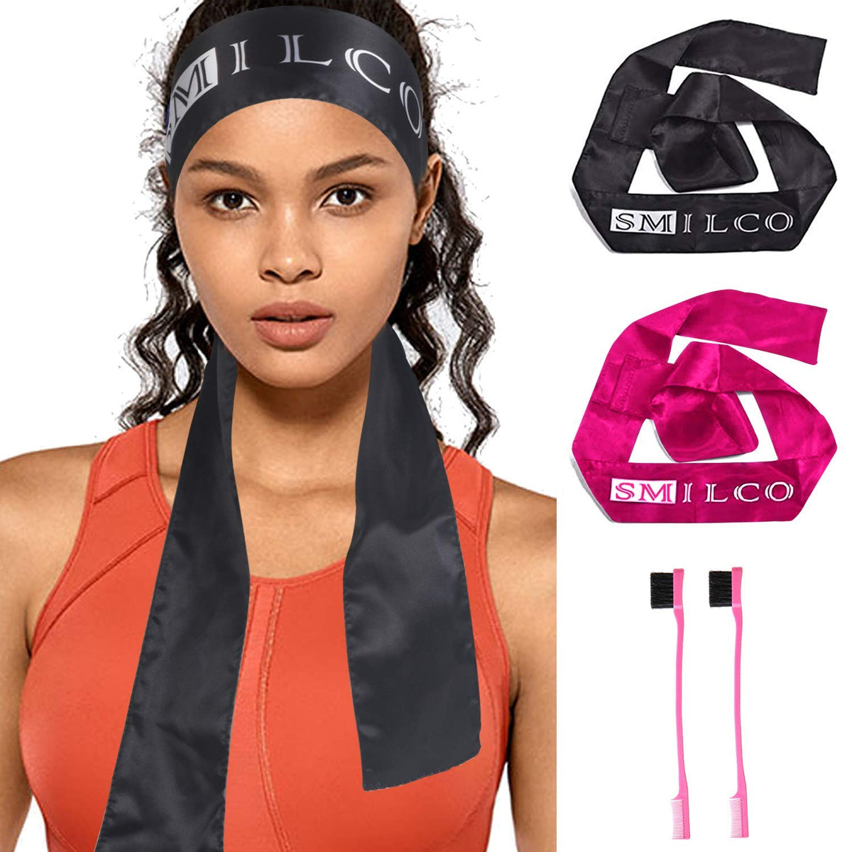 Smilco Edge Scarf & Brushes Set - Satin Hair Wrap For Wigs, 4 Piece (Black & Pink)