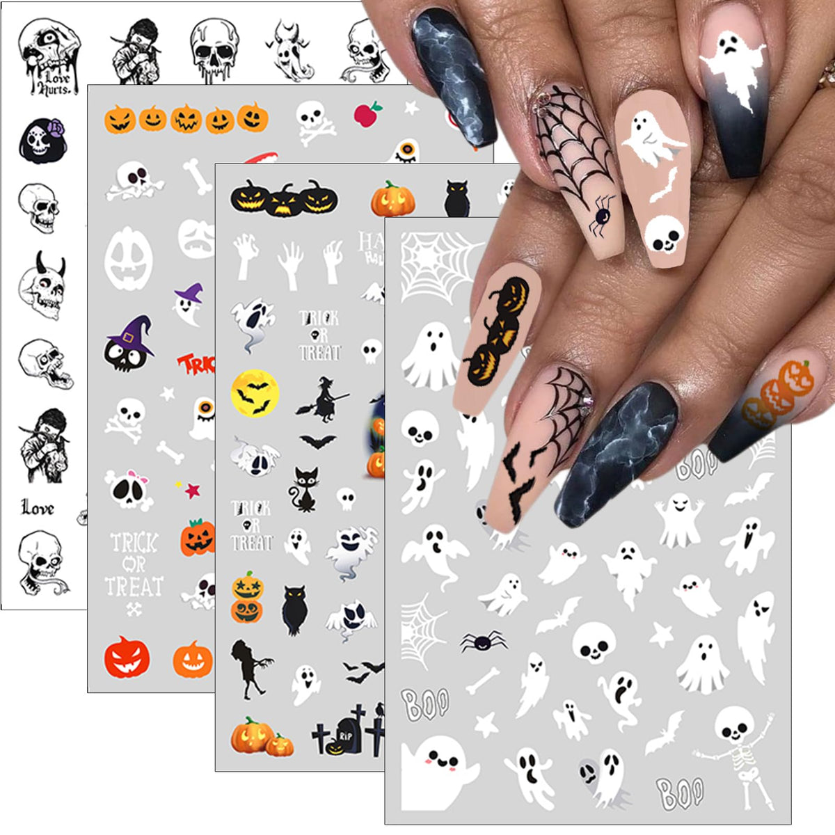 Winthrop 6 Sheets Glow In The Dark Halloween Nail Art Stickers - Cute 3D Designs For Diy Manicure