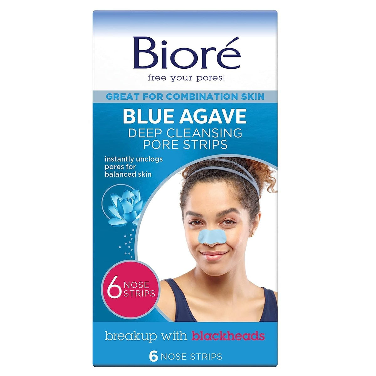 Biore Blue Agave Pore Strips For Combination Skin, 6 Count - Instant Blackhead Removal