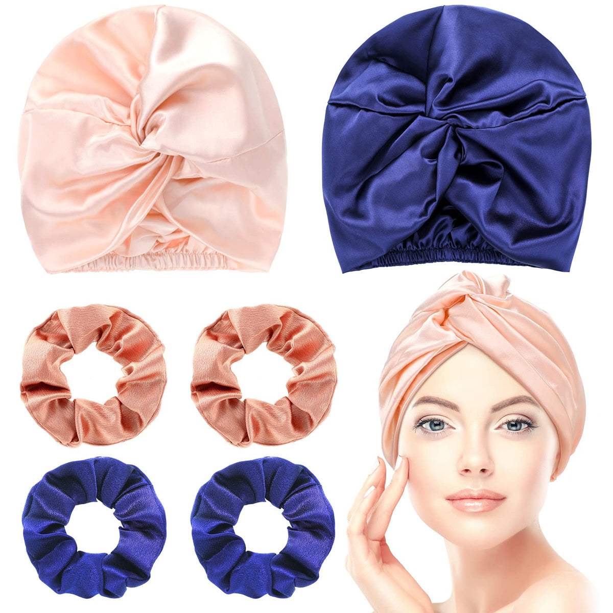 Geyoga Silk Bonnet Set - 6 Pieces Hair Wraps & Scrunchies For Women, Pink/Navy/Rose Gold