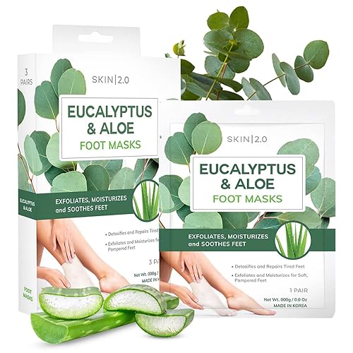 Skin 2.0 Eucalyptus & Aloe Foot Masks - Hydrating, Exfoliating, Moisturizing - 3 Pairs