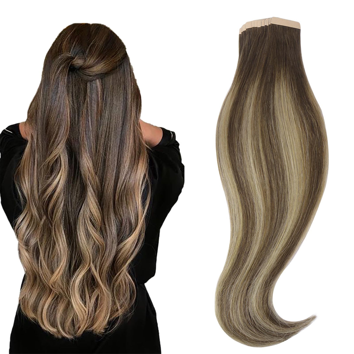 Hotbanana 14 Inch Tape In Hair Extensions, 20Pcs Remy Human Hair, Chocolate Brown With Honey Blonde