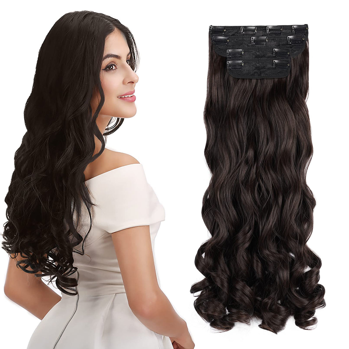 REECHO 24&quot; Curly Wavy Clip-in Hair Extensions, Thick 280g, Black Brown - 4 Pieces Set