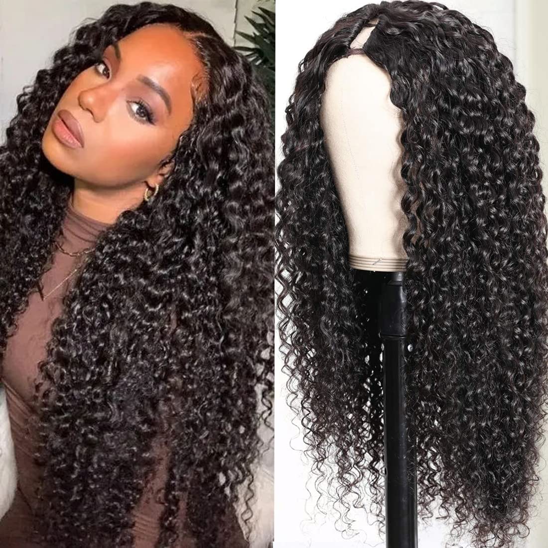 UNICE 22&quot; Curly U Part Wig, 150% Density Human Hair, Natural Color, Beginner Friendly