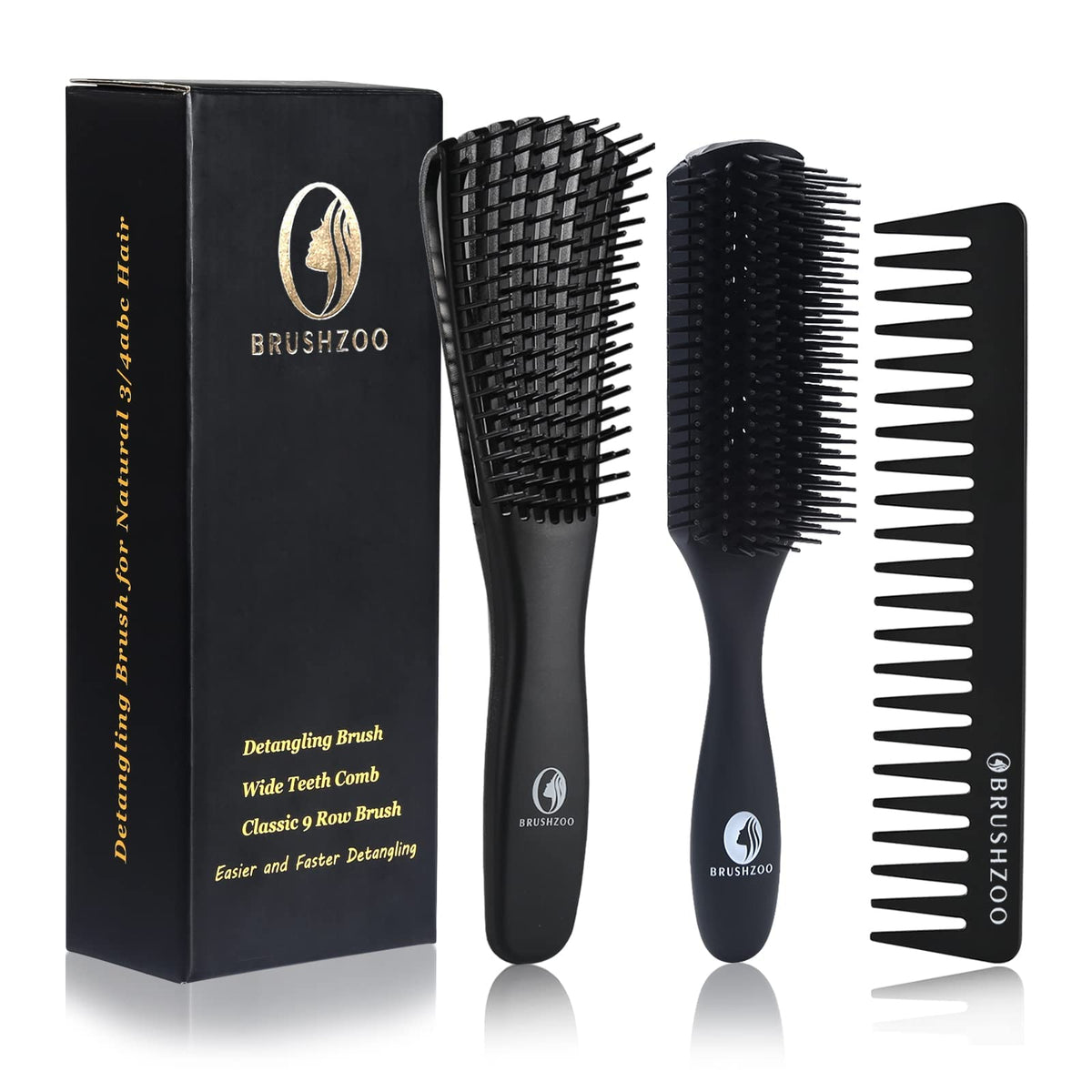 Brushzoo Detangling Brush For Curly Hair - Black, Fast Detangler For Wet & Dry Natural Hair