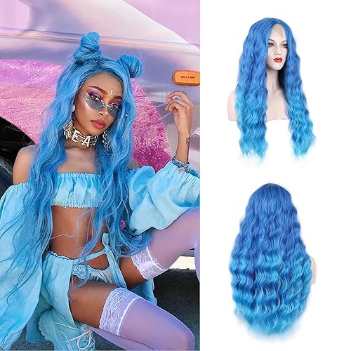 WECAN 28&quot; Blue Wig - Long Natural Wavy Synthetic Water Wave Cosplay & Party Heat-Resistant Fiber