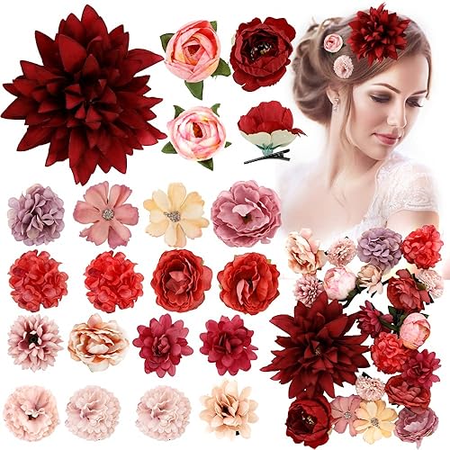 AHONEY Red Rose Hair Clips - 20 Pack Floral Alligator Clips for Women, Gothic Party Accessories