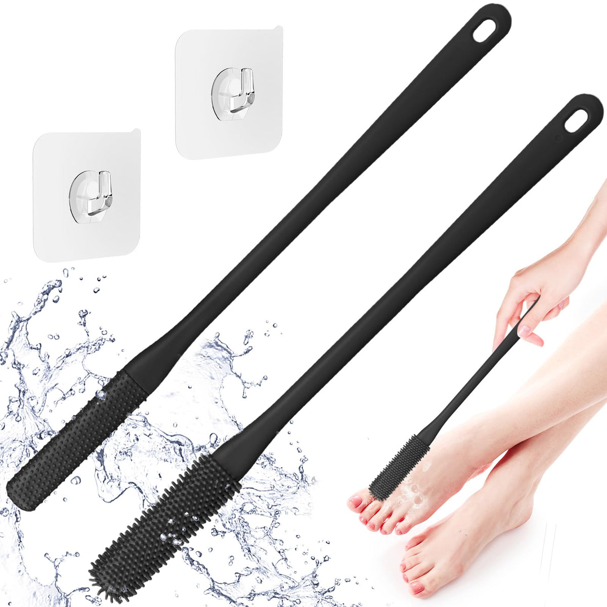 Tophome Silicone Toe Cleaning Brush With 15.7&quot; Long Handle - Foot Scrubber For Men & Women, Black