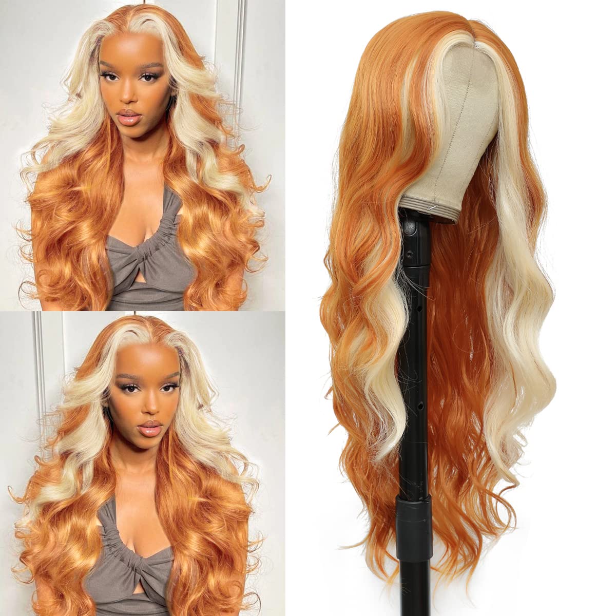 Xccoco 28&quot; Long Body Wave Synthetic Lace Wig - Orange & Blonde Highlighted Wavy Hair For Women