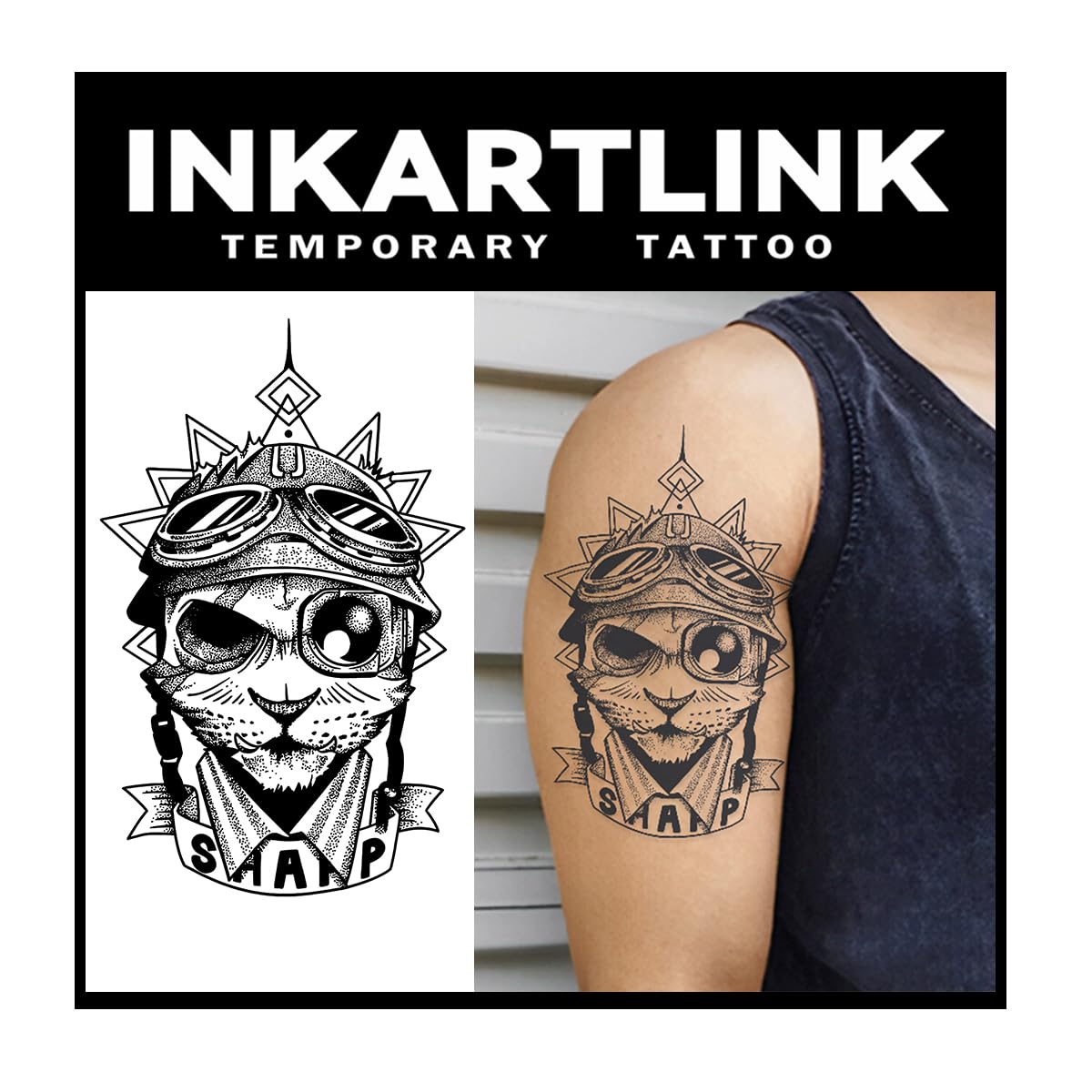 Inkartlink Extra-Large Aviator Cat Temporary Tattoo - Waterproof, Realistic, Lasts 1-2 Weeks