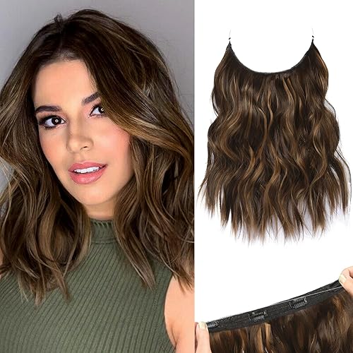 REECHO 12&quot; Invisible Wire Hair Extensions, Chocolate Brown with Highlights, Adjustable Clips