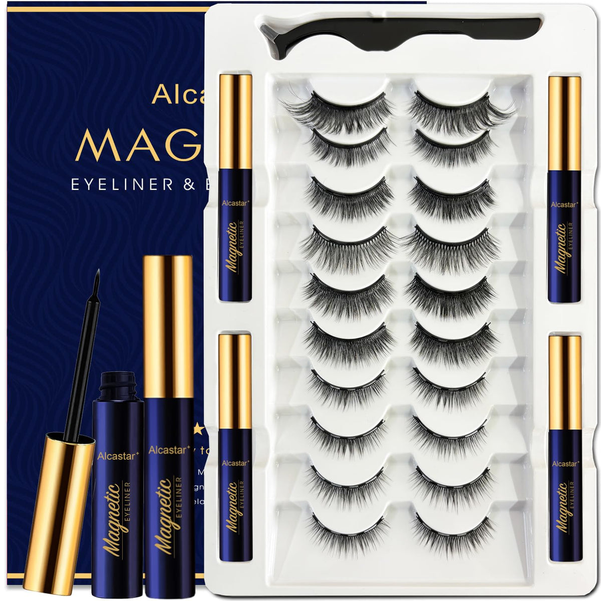 Alcastar Magnetic Eyelashes With Eyeliner, Waterproof, Natural Look, 2 Count Pack