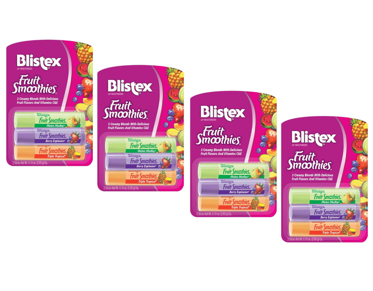 Blistex Fruit Smoothies Lip Moisturizers, 3 Sticks, 0.10 Oz Each, Pack Of 4