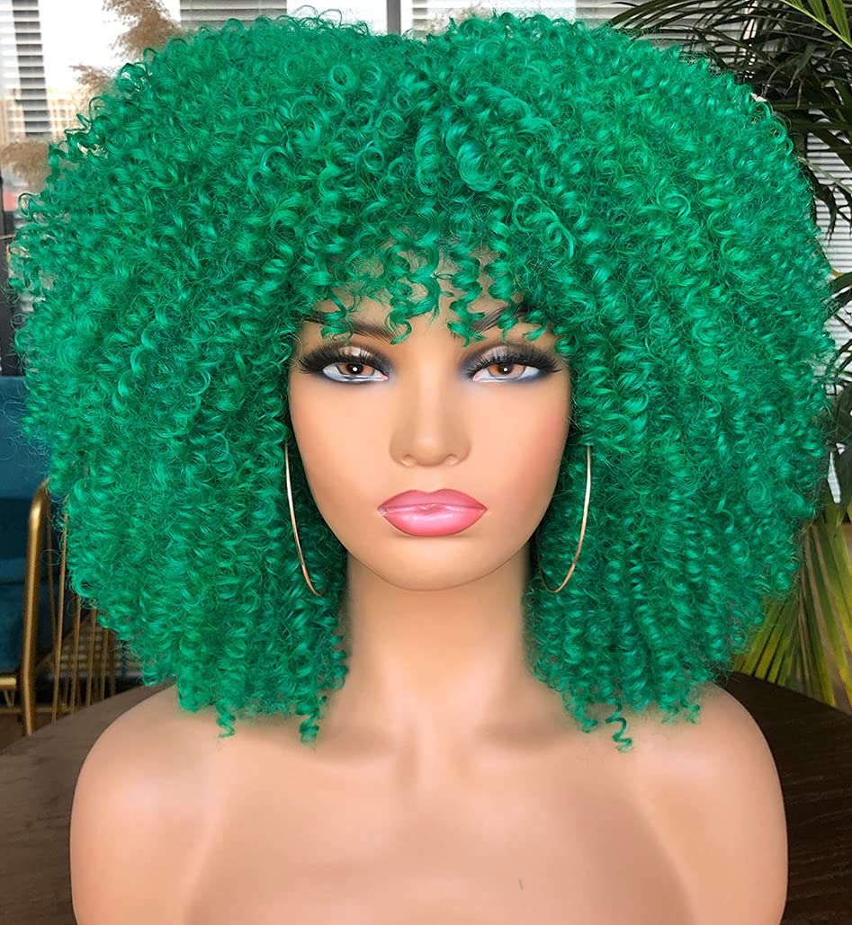 Runm 14&quot; Short Curly Afro Wig With Bangs For Black Women - Green Synthetic Kinky Curly Hair