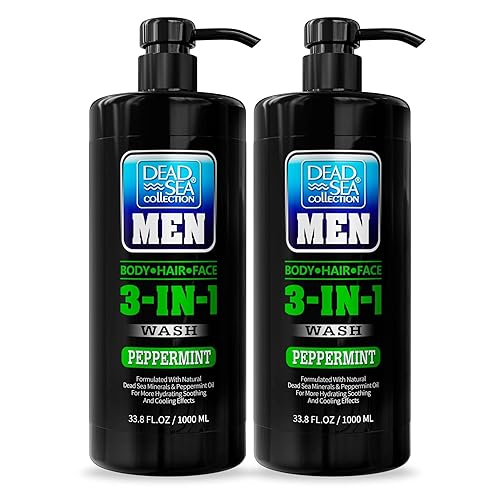 Dead Sea Collection 3 In 1 Mens Body Wash - Peppermint Shower Gel & Shampoo, 2 Pack (33.8 Fl