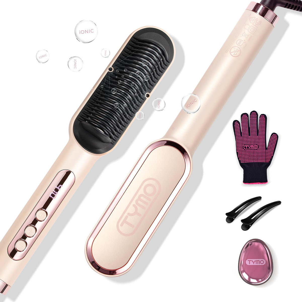 TYMO Ring Plus Ionic Hair Straightener Brush, Gold Blush - 9 Temp Settings, Titanium Coating