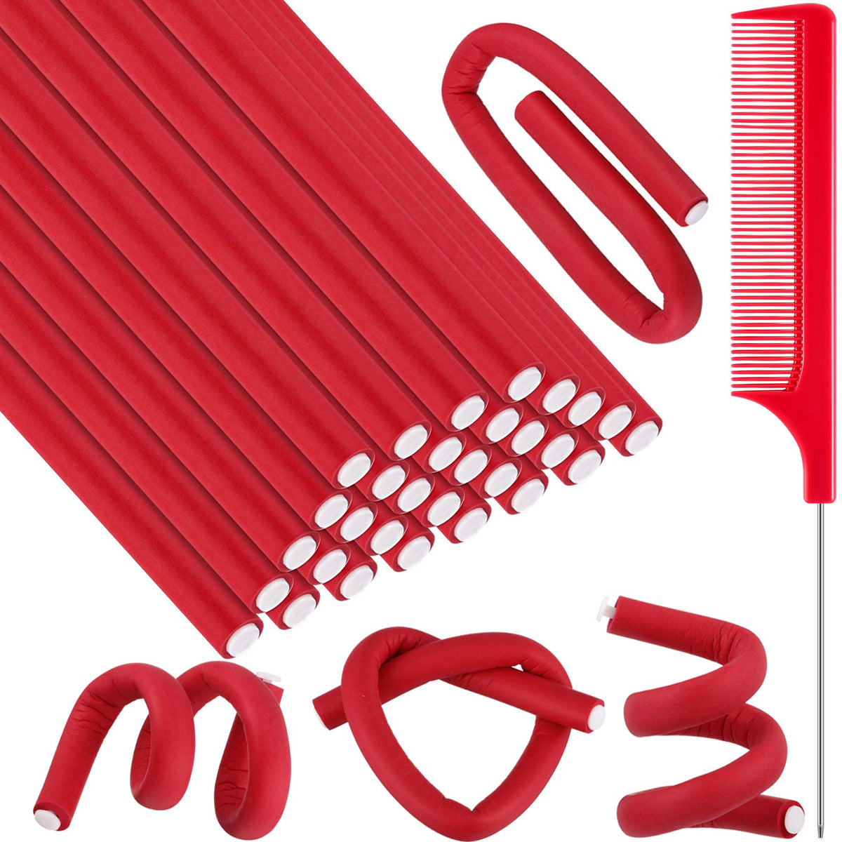 Syhood 30 Flexible Curling Rods - Foam No Heat Hair Rollers with Steel Pintail Comb, Red