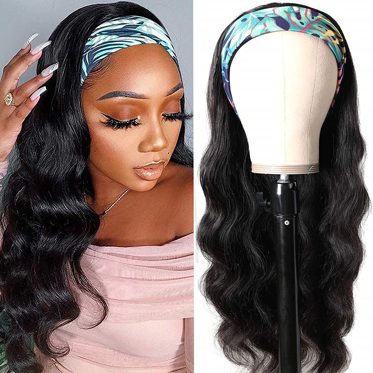 Higher Body Wave 28&quot; Human Hair Headband Wig For Black Women - Glueless, Natural Black, 150% Density