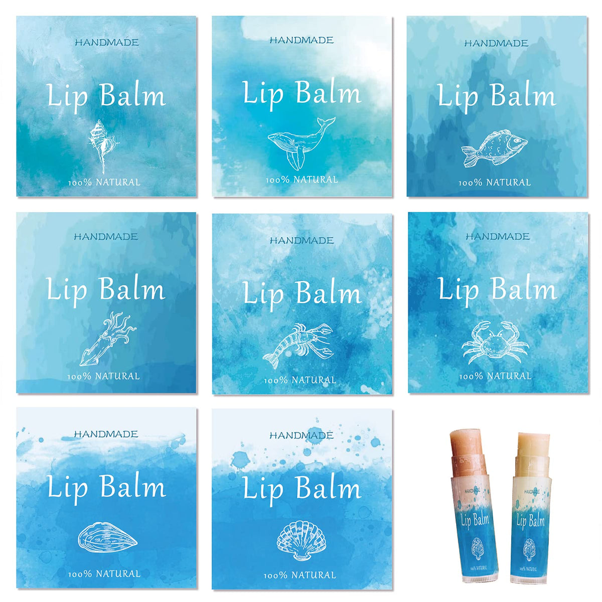 Craspire Waterproof Lip Balm Labels 80Pcs - Marine Life Blue Printable Stickers For Tubes