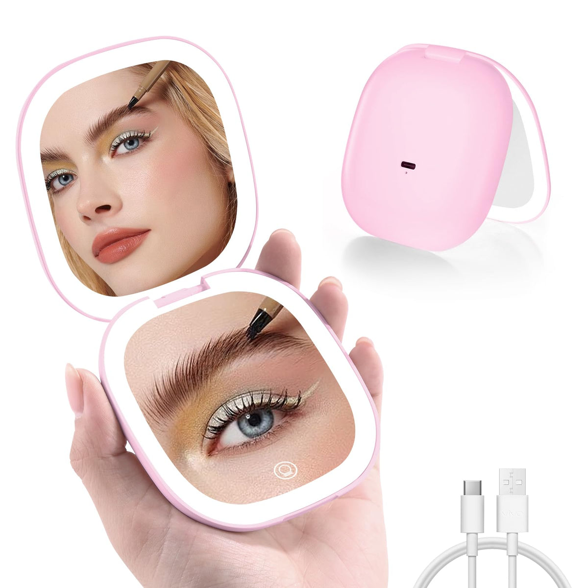 Bullishman Compact Led Travel Makeup Mirror - 3.5&quot; 1X/10X Dimmable Touch Screen, Pink