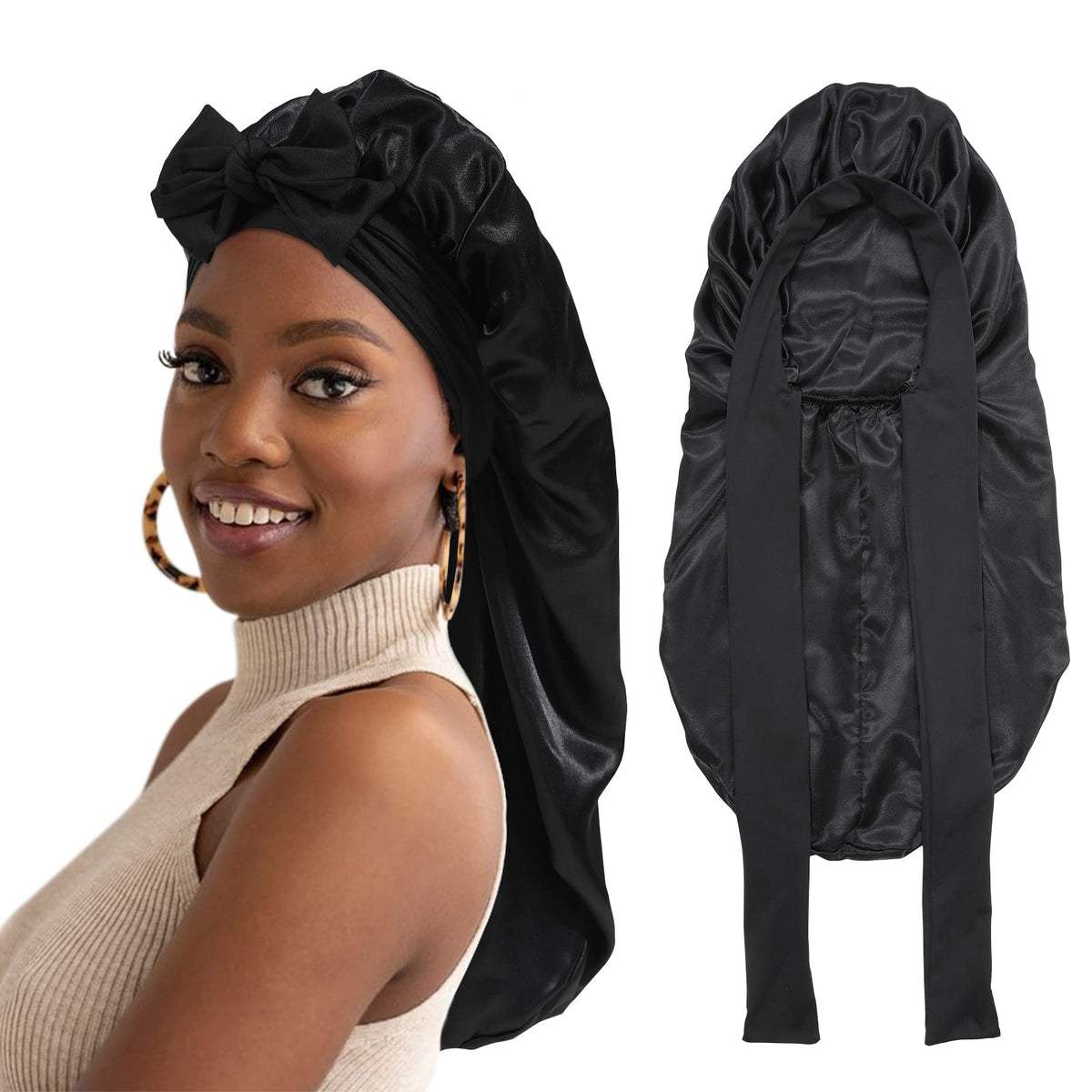 Awaytr Double Layer Silk Bonnet For Women - Black Elastic Sleeping Cap For Braids