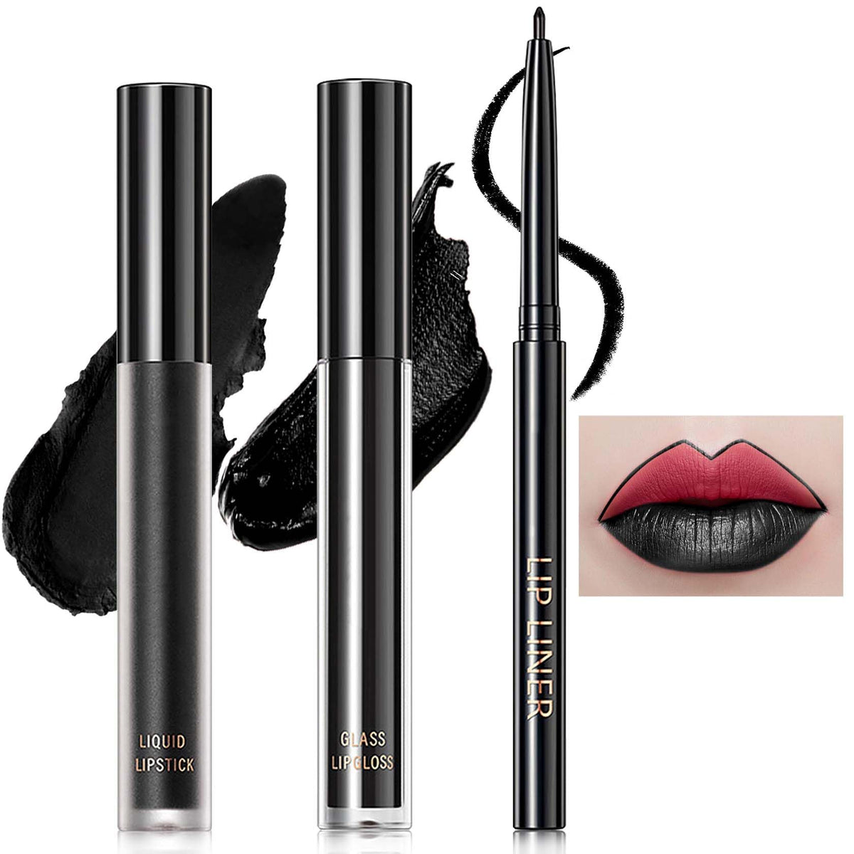 Wenjlyj 3 Pcs Black Matte Liquid Lipstick & Lipliner Set - Long Lasting, Waterproof, High Pigment