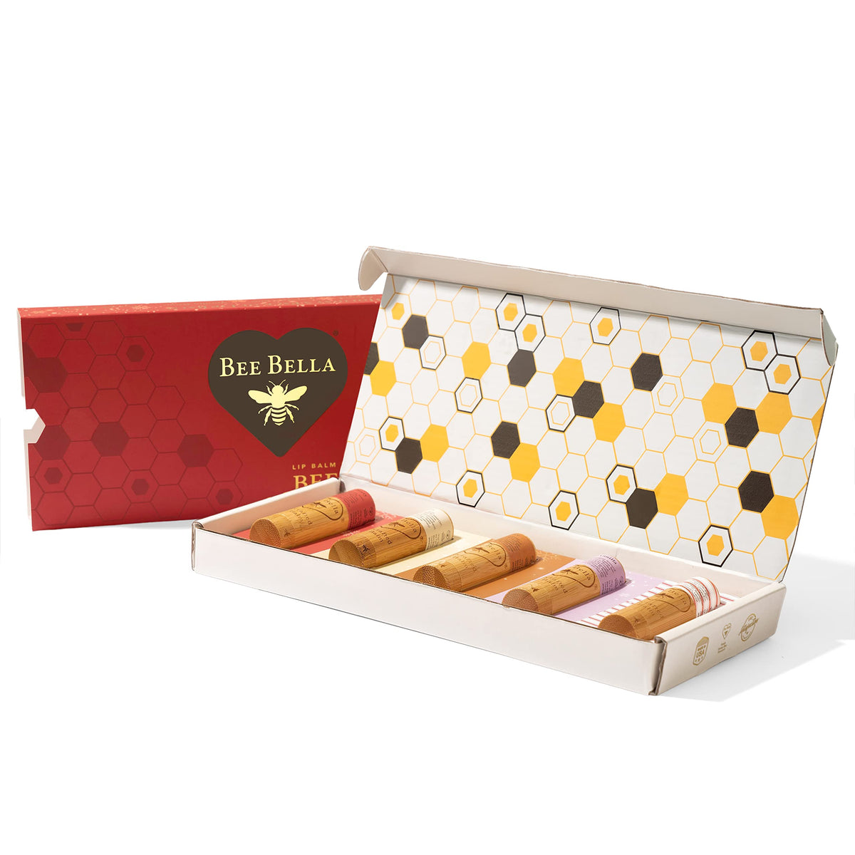 Bee Bella Holiday Gift Box - 5 Beeswax Lip Balms, Cherry, Lavender, Vanilla, Pumpkin, Candy Cane