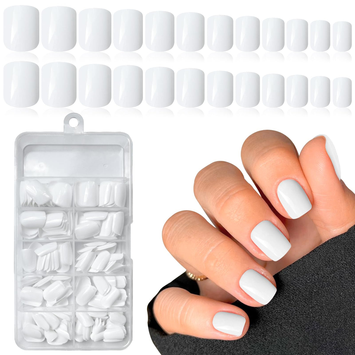 LuckForever Glossy White Press on Nails - 240pcs Short Square Round Full Cover with Adhesive Tabs