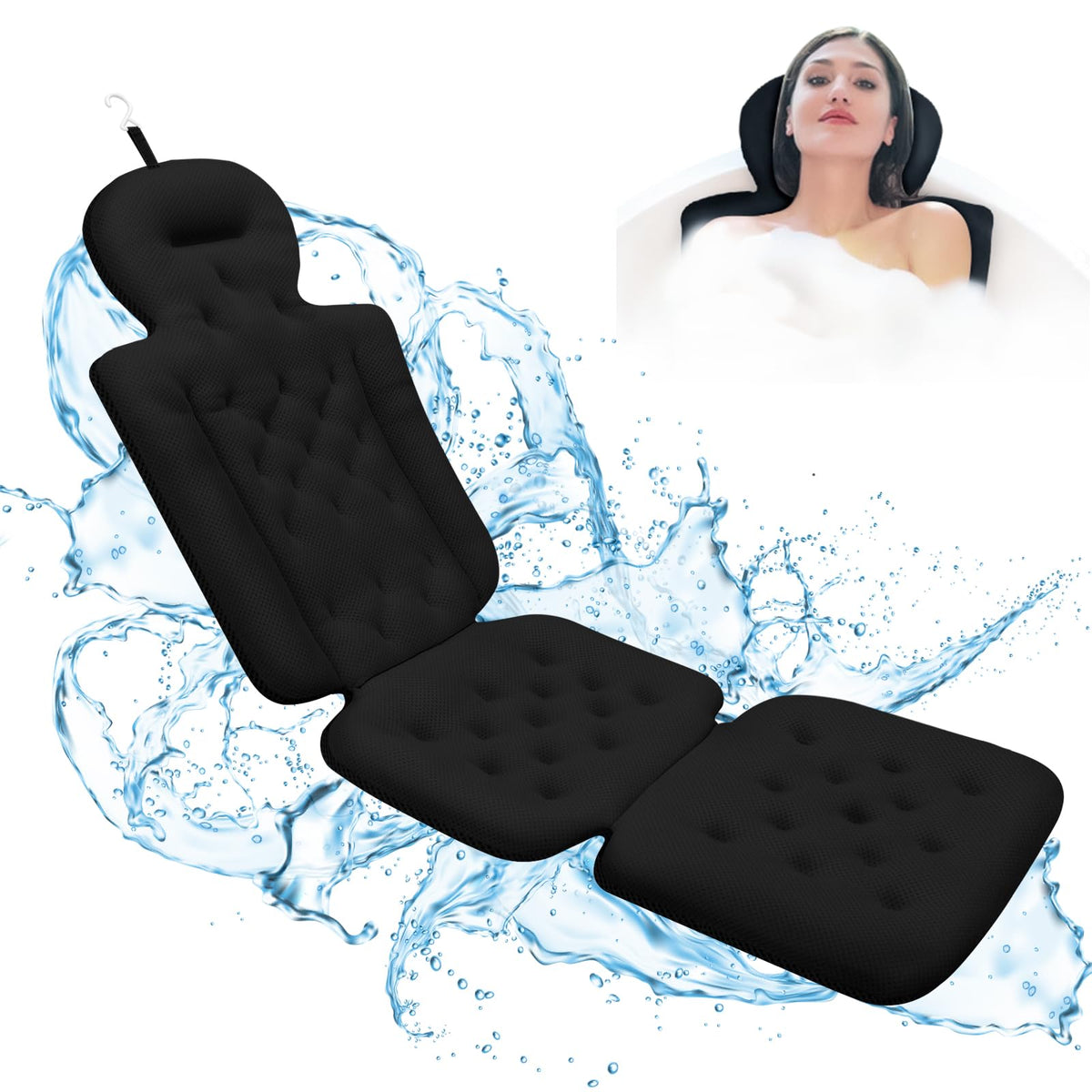 Feiae Full Body Bath Pillow With Suction Cups, Luxury Neck & Back Support, Black