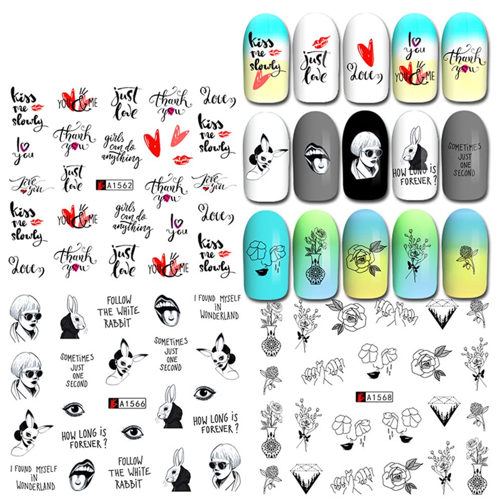 Mangoit Russian Letters Nail Stickers - 12 Designs Of Black Flower & Heart Water Decals