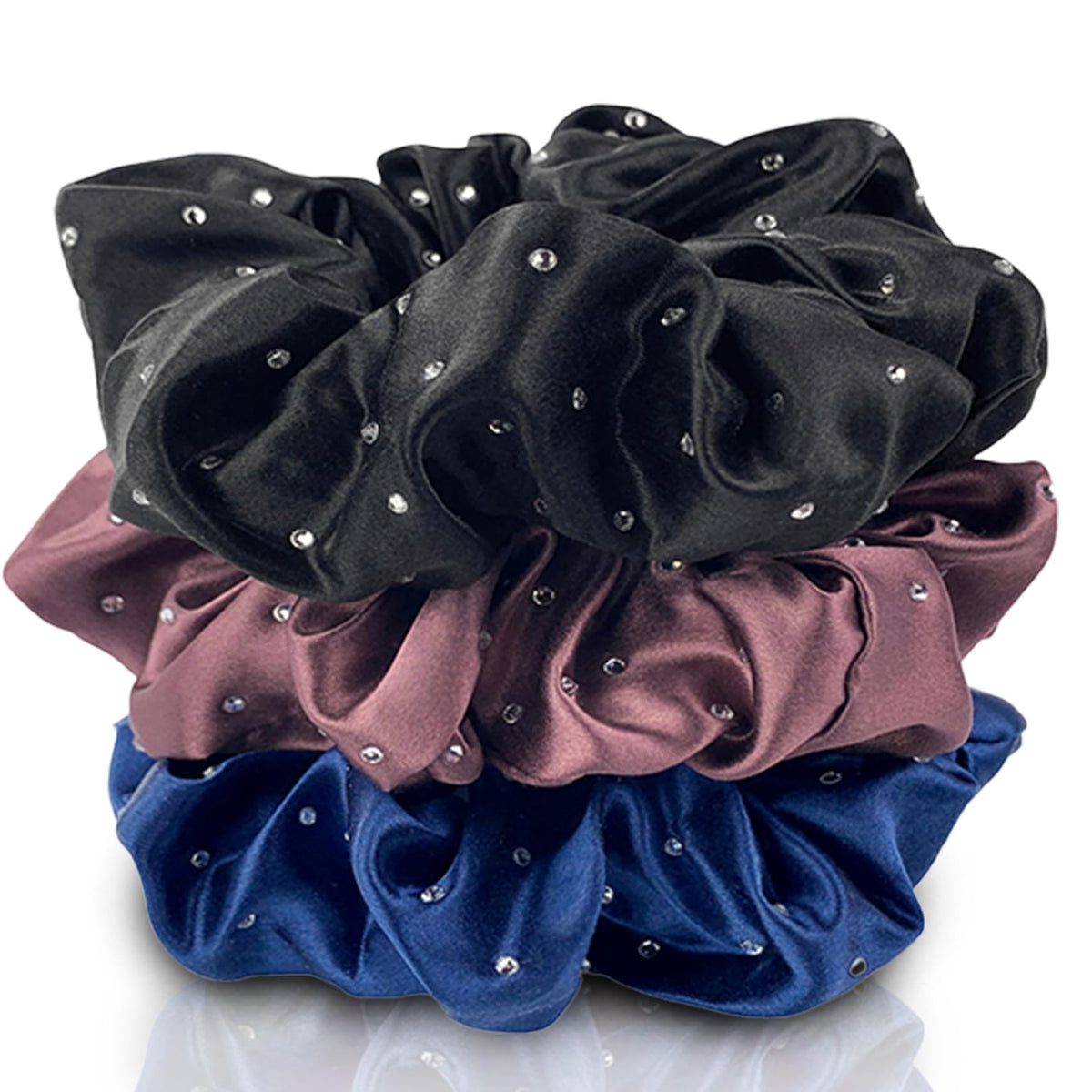 Celestial Silk Mulberry Silk Scrunchies - Plum, Navy, Black with Rhinestones, Pack of 3