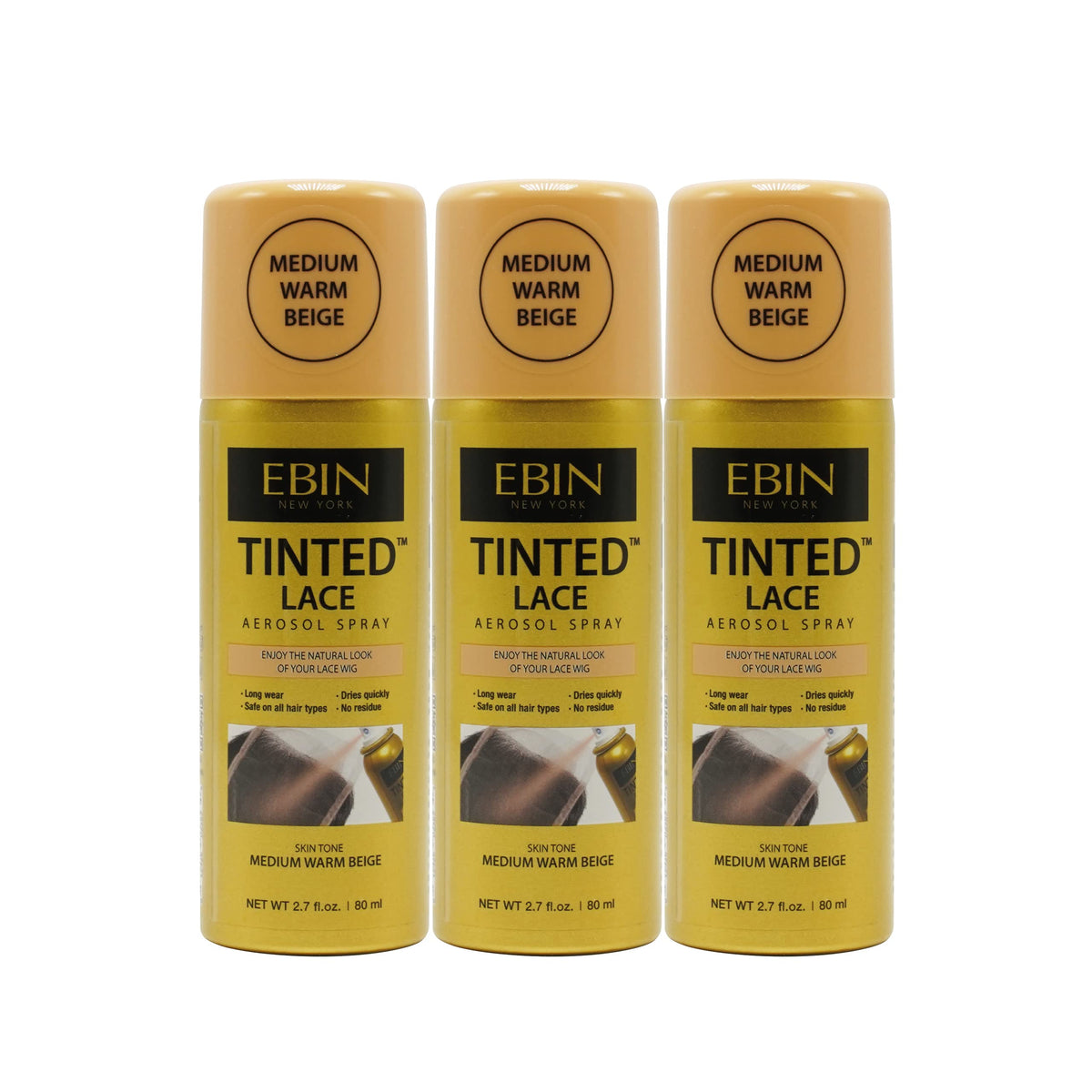 EBIN NEW YORK Tinted Lace Aerosol Spray 3-Pack - Medium Warm Beige, Quick Dry & Water-Resistant