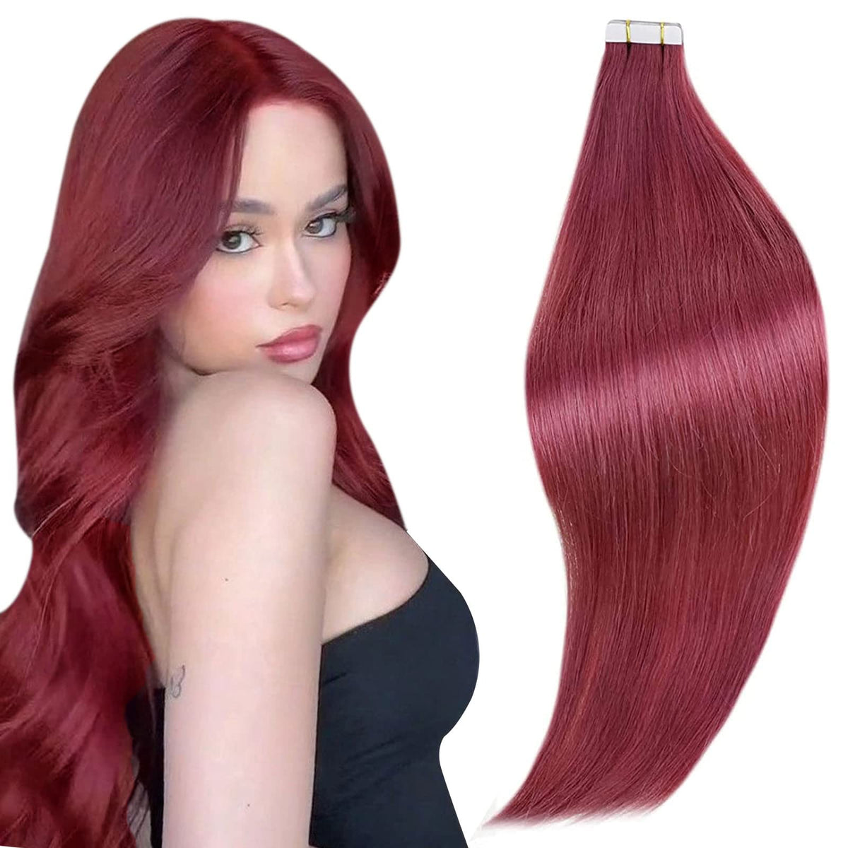 Runature 22&quot; Burgundy Tape In Hair Extensions, Human Hair, 10Pcs Remy Adhesive, Thick Ends