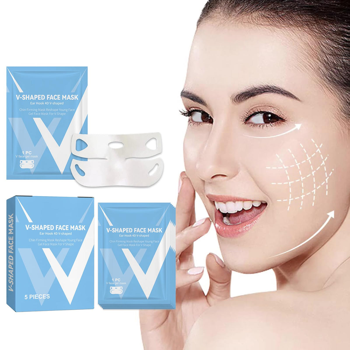 Felico V Line Lifting Mask - Hydrogel Collagen Face & Neck Tightening, 5 Pcs V-Shaped Mask