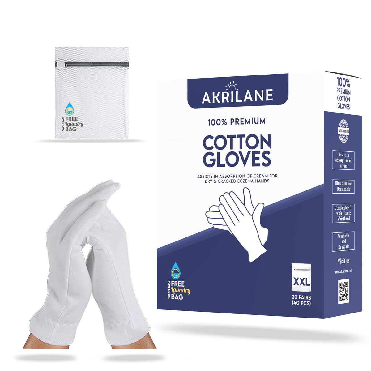 Akrilane Xxl Cotton Moisturizing Gloves For Dry Hands | 20 Pairs | Eczema & Psoriasis Care