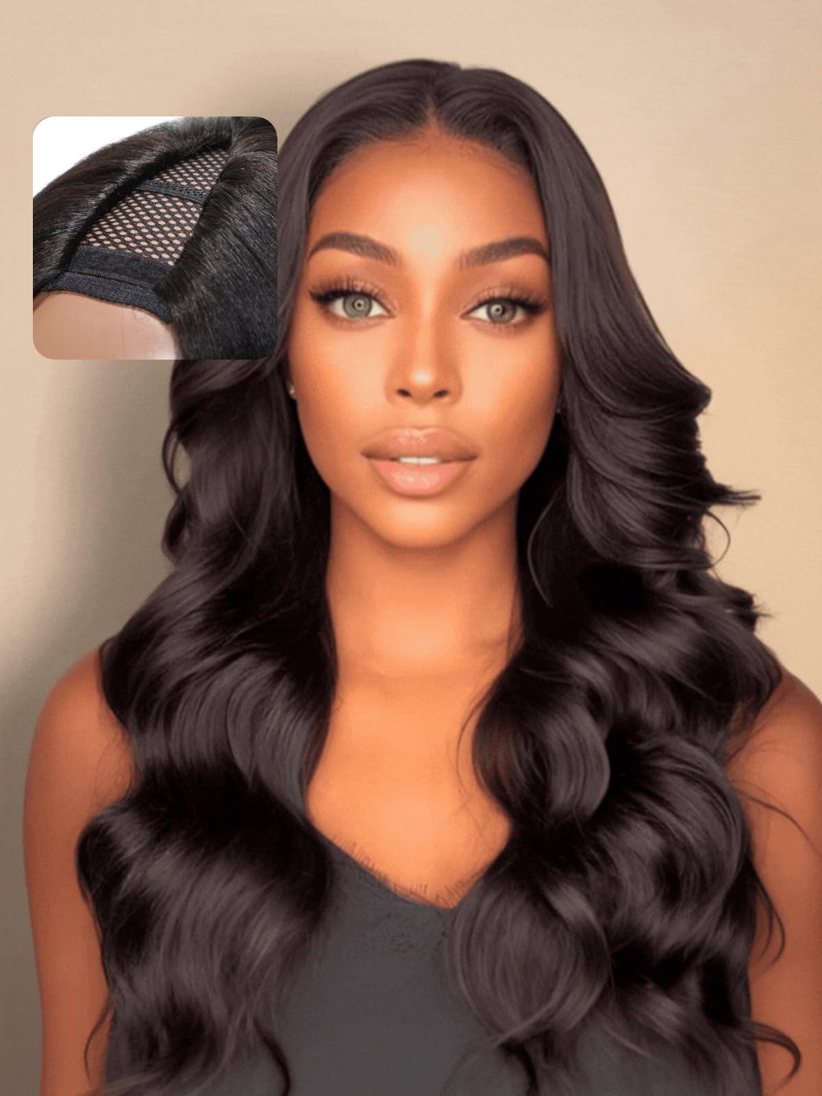 Unice 16&quot; Easicontour V Part Wig Body Wave Human Hair Glueless No Leave Out Natural Black 150% Density